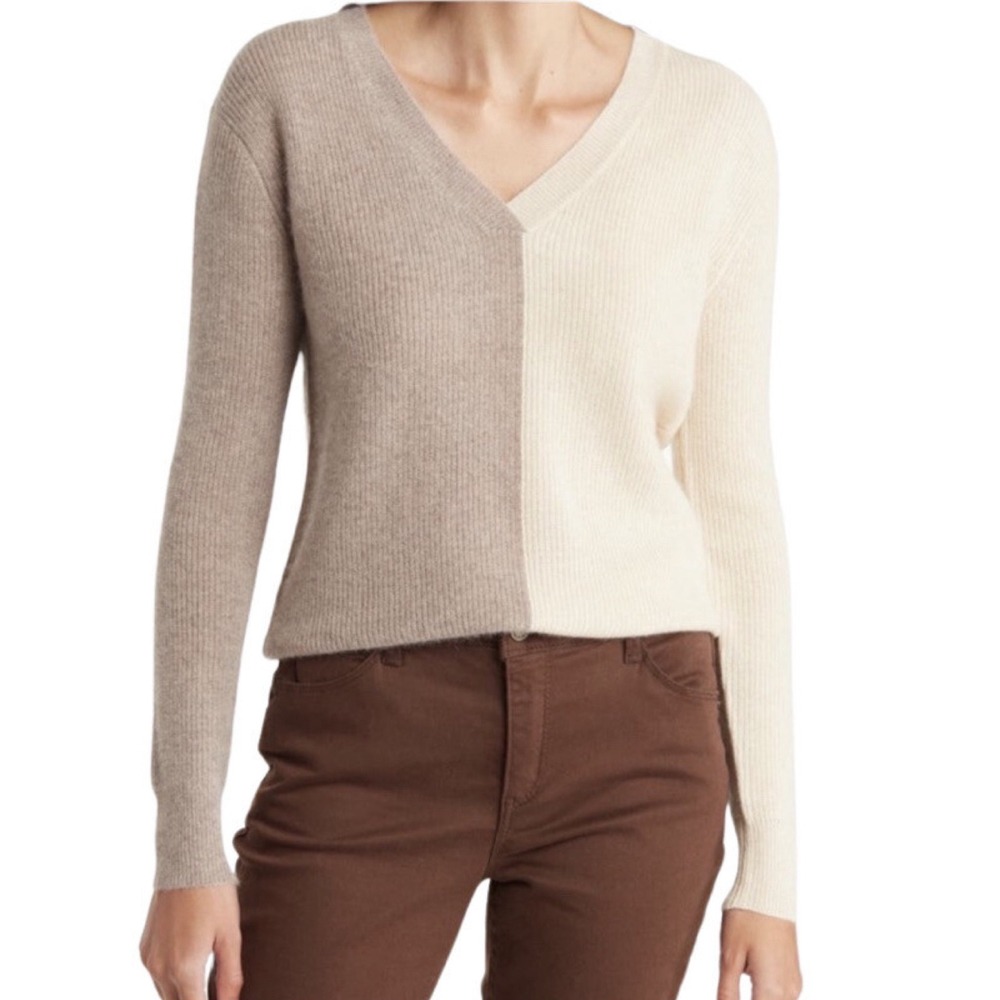 Magaschoni 100% Cashmere V-Neck Colorblock Sweater Knit Womens Sz XL Grey Beige - Picture 10 of 11